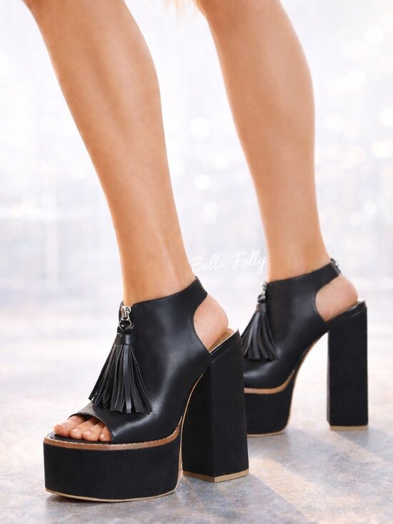Shellys London Shoes - Shellys London Platform Heels Black Leather Fringe 90s Y2K Runway Revival Tassle